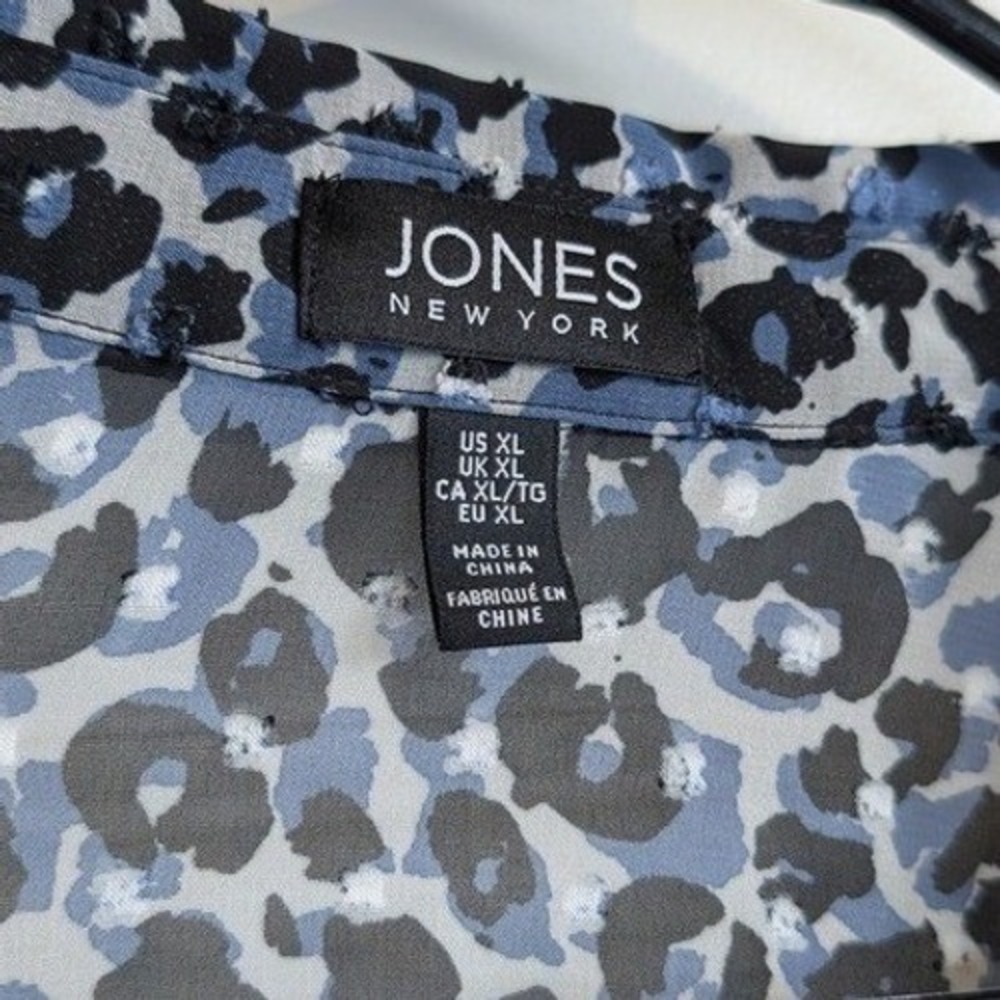 Jones New York Blue Leopard Print Sheer Button Down Shirt - Picture 3 of 6